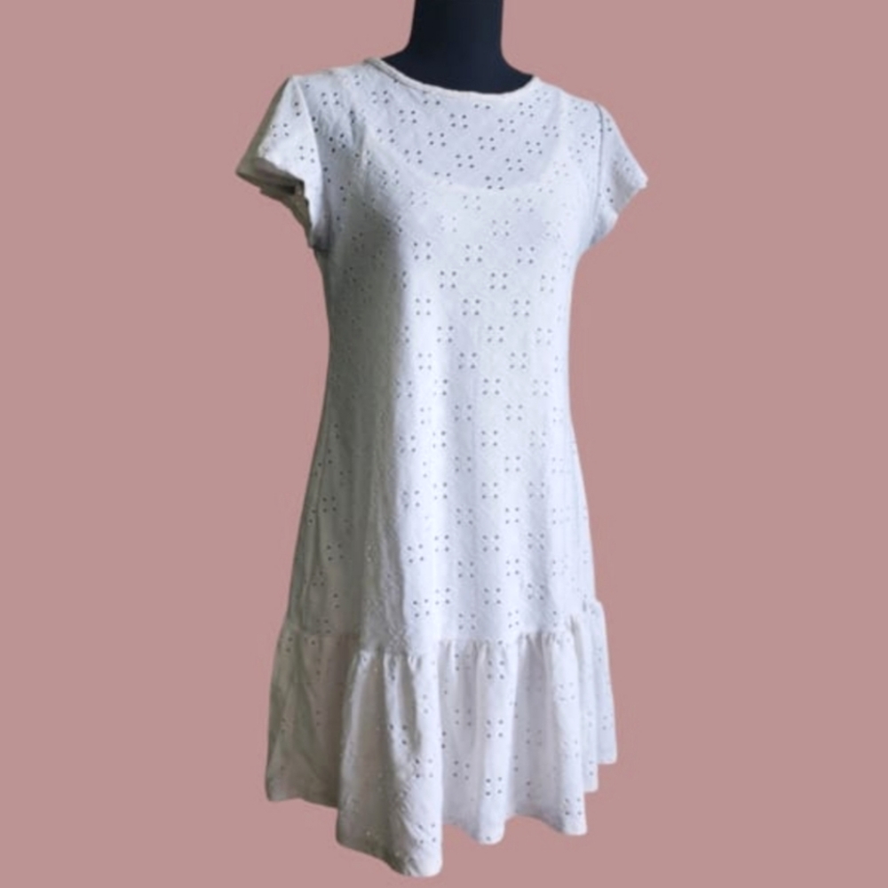 Olivia Rae White Eyelet Short Sleeve Dress Tiered Boho Peasant Size M